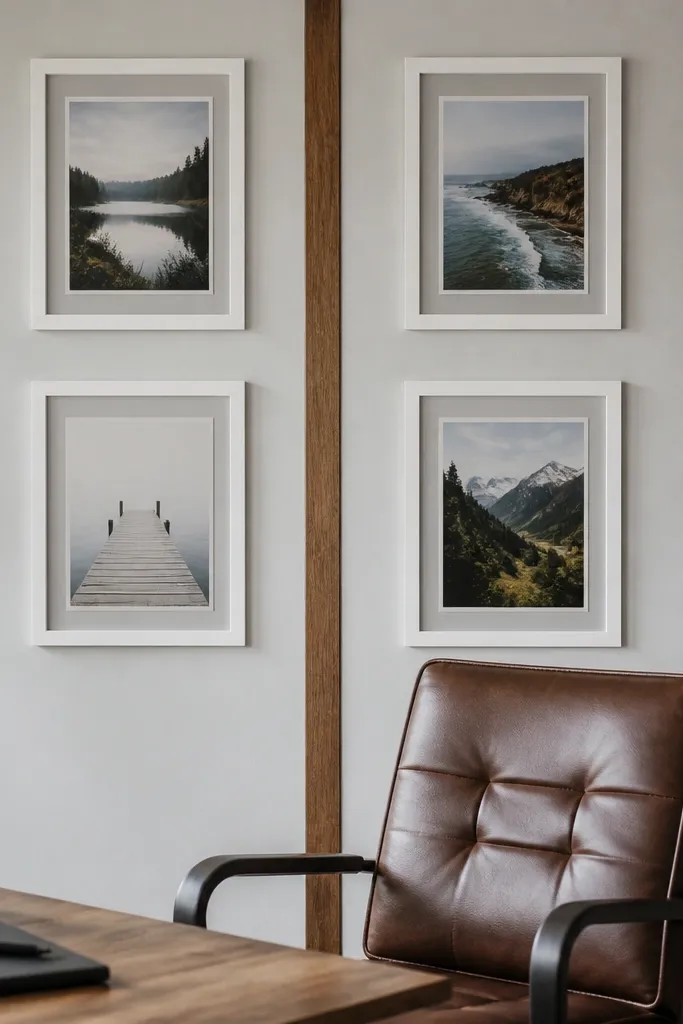 Tall frames separated by a thin horizontal divider line across the wall