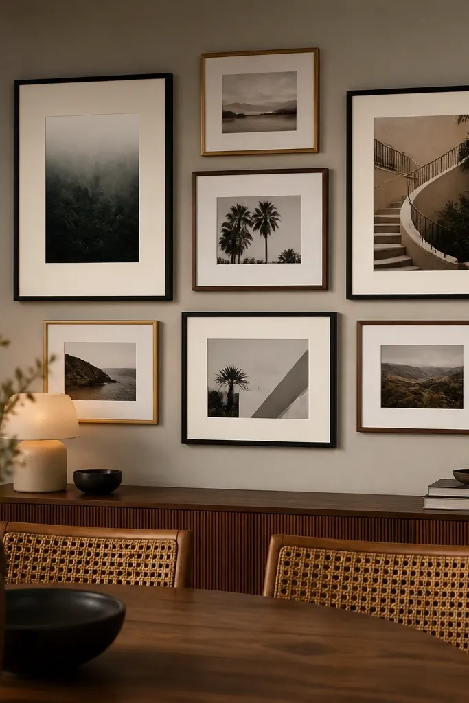 Different frame styles, all with the same mat color, arranged in a balanced cluster