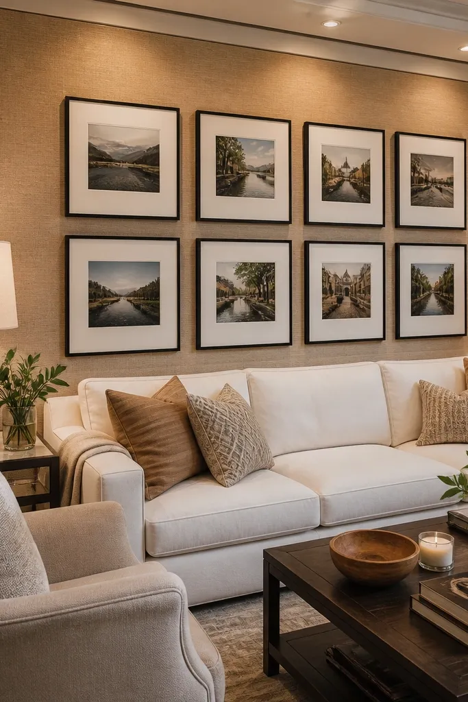 Frames mounted on a linen-colored fabric panel behind the photos