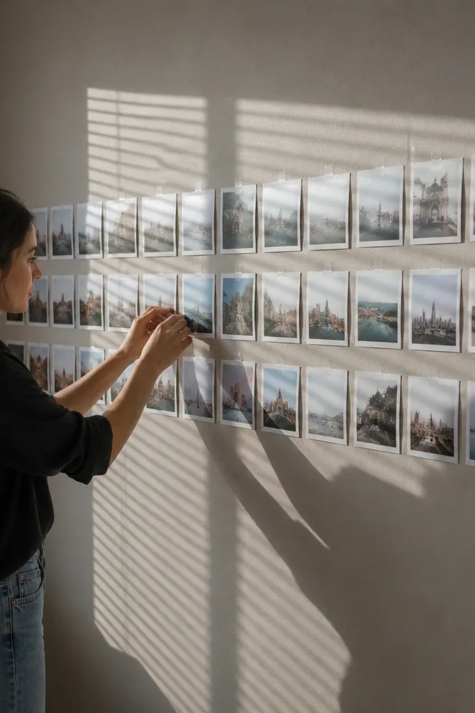 Rows of photos slowly spreading apart on a wall
