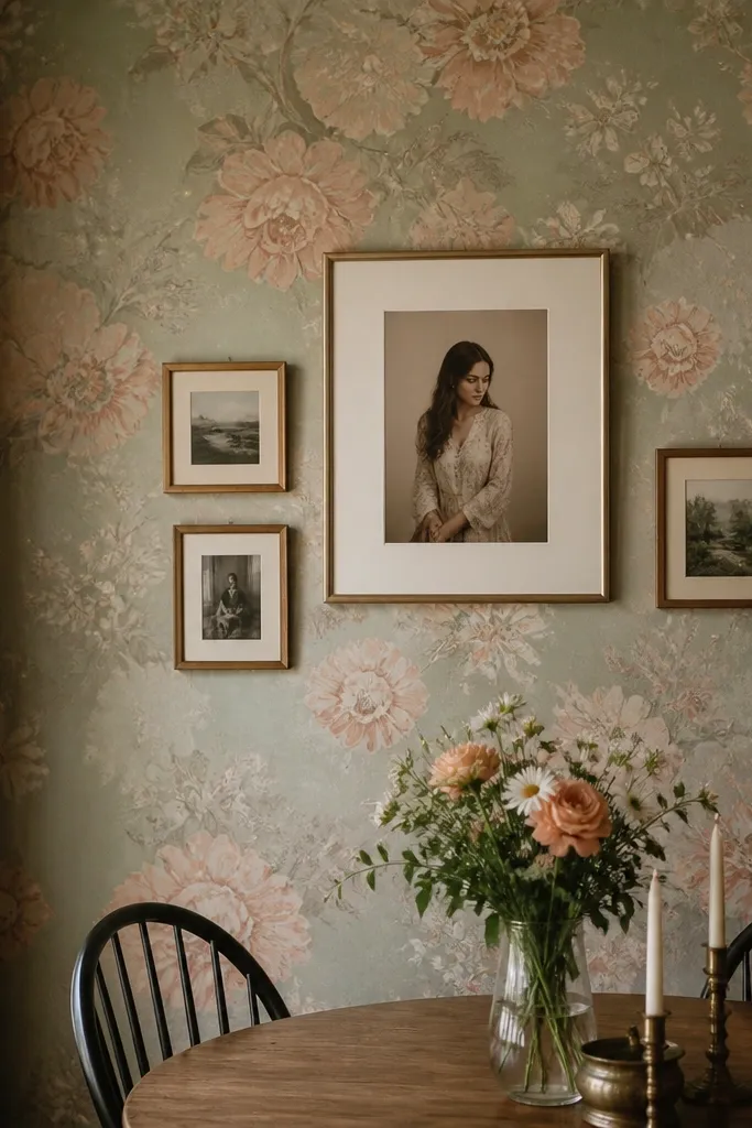 Soft muted floral wallpaper with one large off-center and smaller photos around it
