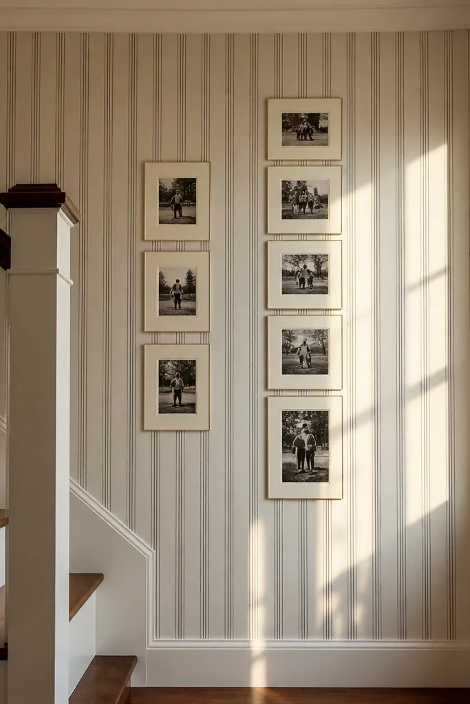 Cream stripe wallpaper with several vertical columns and small horizontal spacing