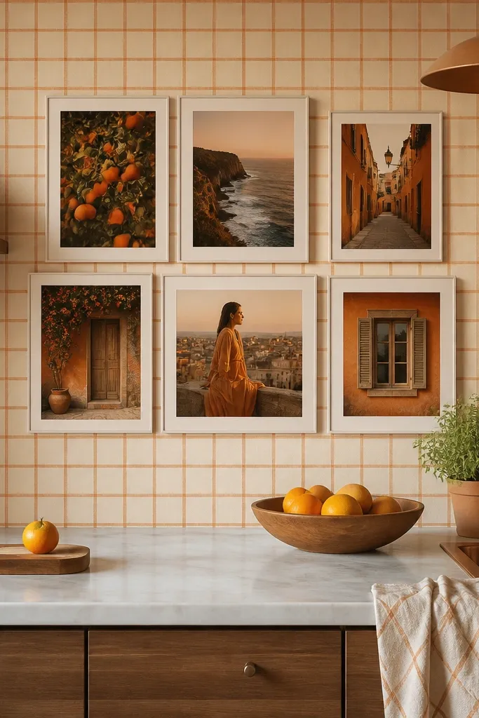 Terracotta grid wallpaper with warm-toned blocks aligned in rows