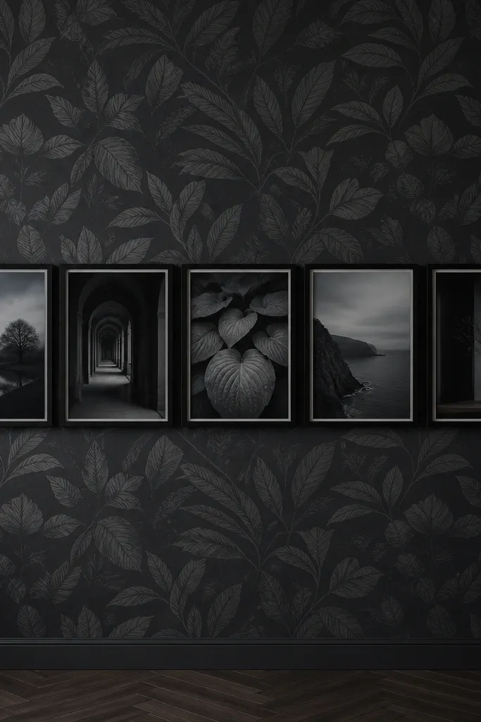 Dark green botanical wallpaper with a horizontal strip of monochrome photos