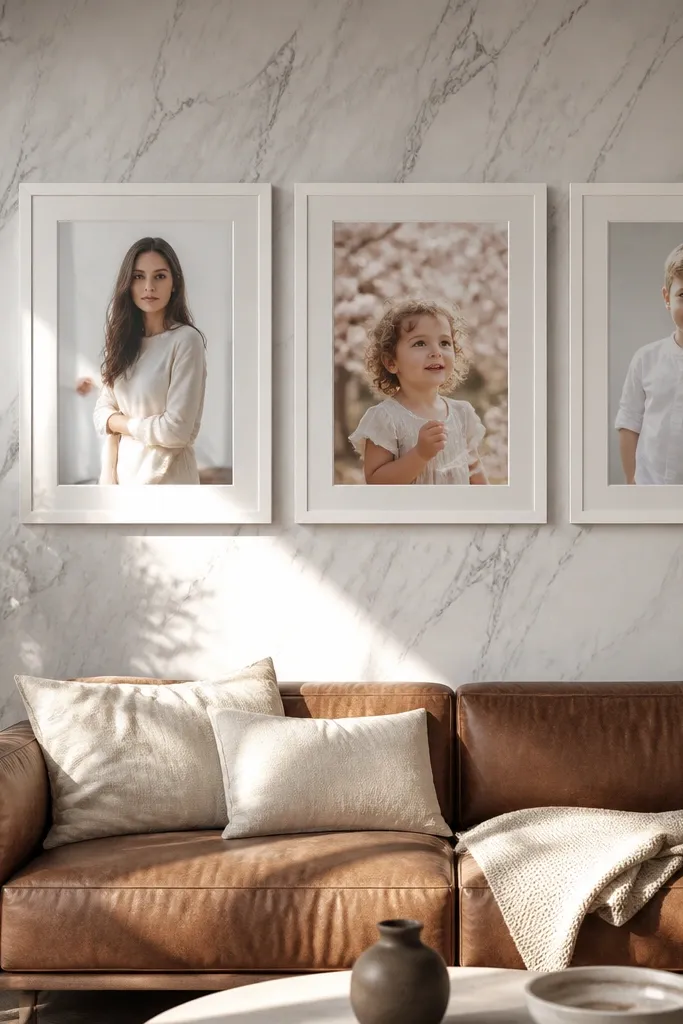 Light marble wallpaper with several portrait photos framed in white mats