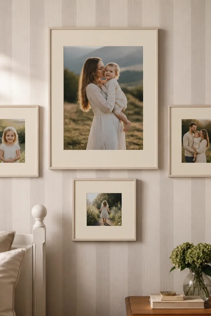 Soft striped wallpaper with one large centered and three smaller photos around it