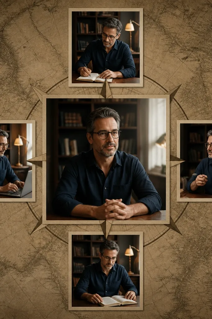 Vintage map wallpaper with a compass-like spread of photos in a circle