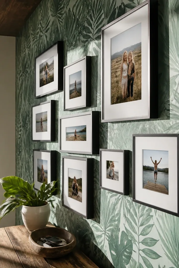 Tropical leaf wallpaper with staggered mats layered for shadow depth
