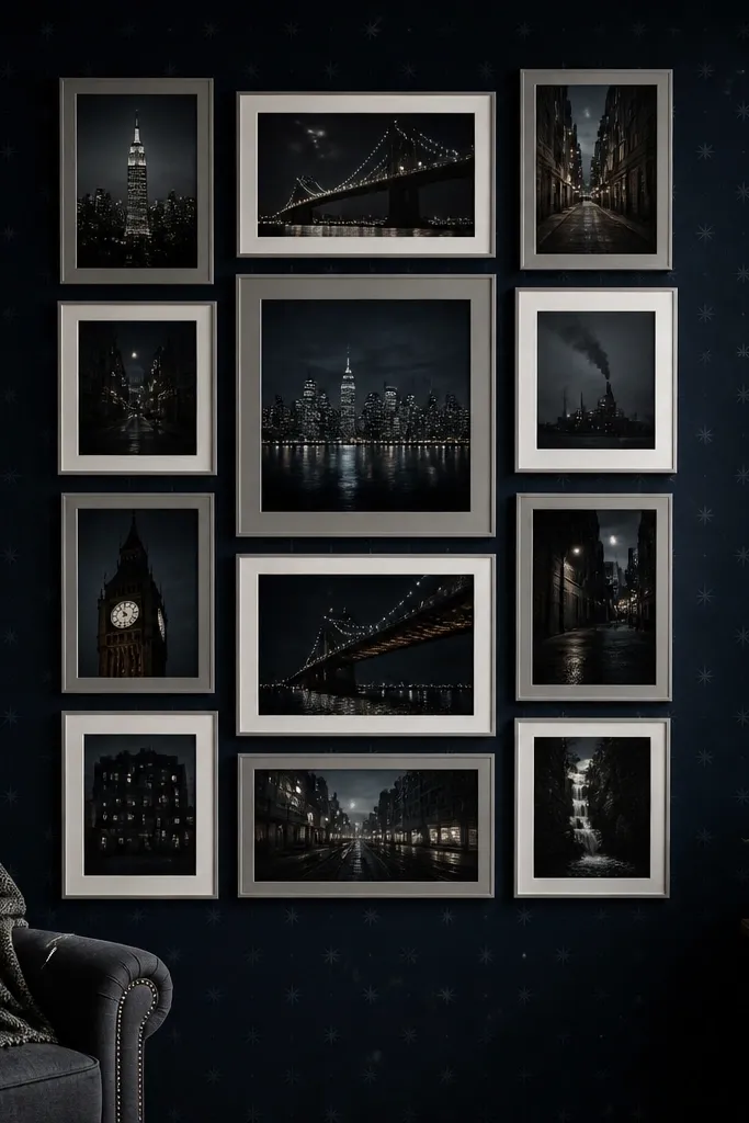 Navy star wallpaper with dark-toned mats arranged like a night sky