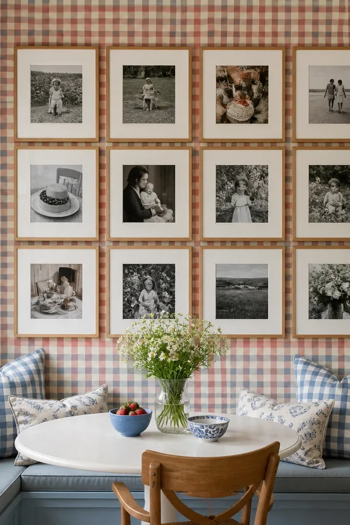 Soft gingham wallpaper with symmetrical mini frames in rows