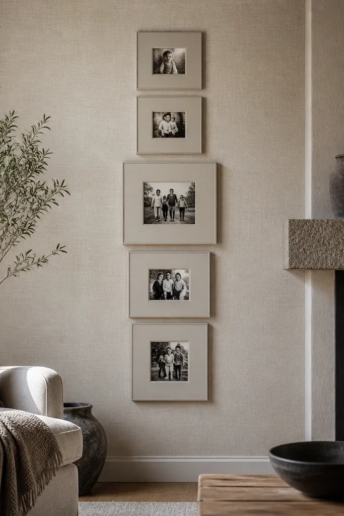 Linen-textured wallpaper with a vertical ladder of photos and consistent spacing