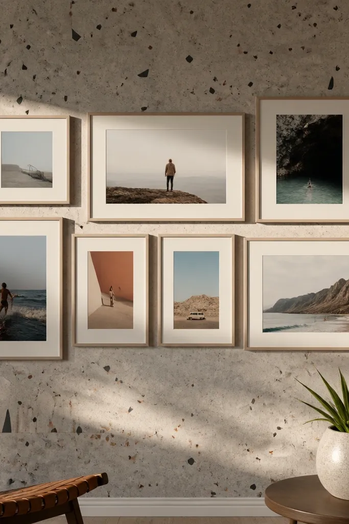 Terrazzo geometric wallpaper with mixed-size photos aligned in straight rows