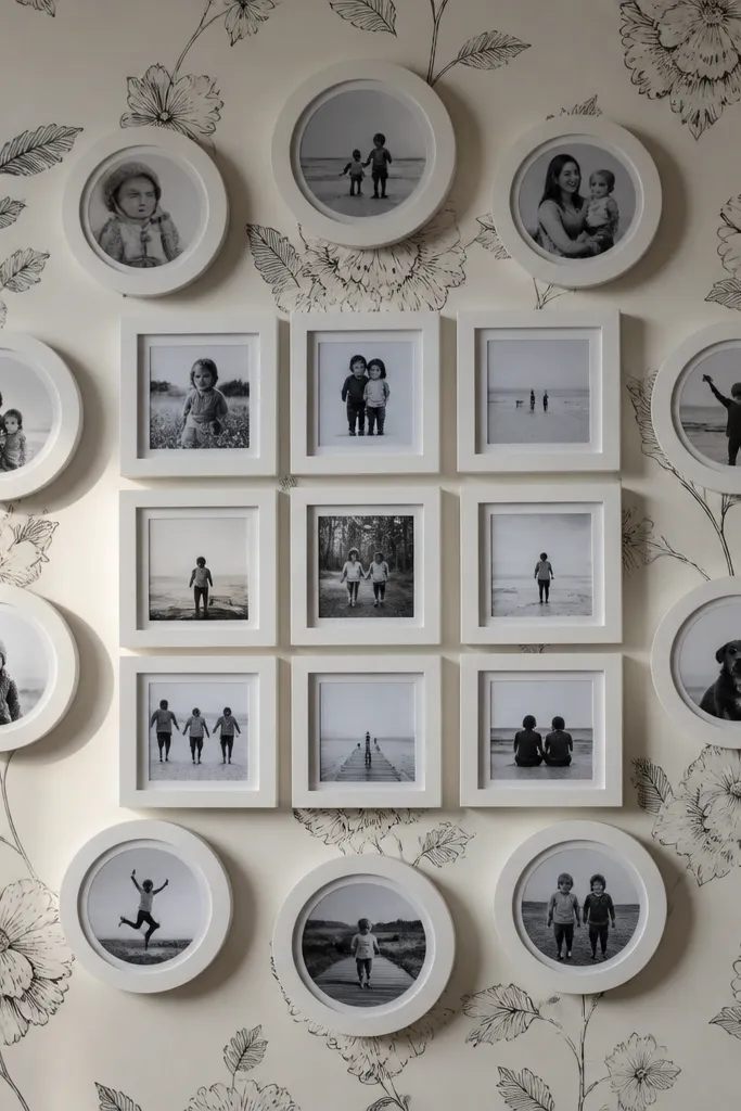 Black-and-white floral wallpaper with circular frames and a few square frames