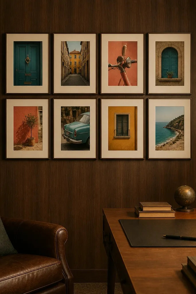 Chocolate woodgrain wallpaper with a collage of photos that have bright color accents