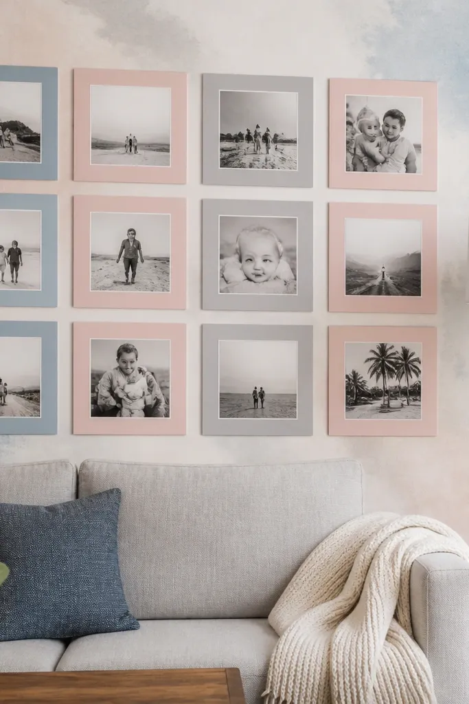 Watercolor wash wallpaper with a relaxed scatter of photos anchored to a grid