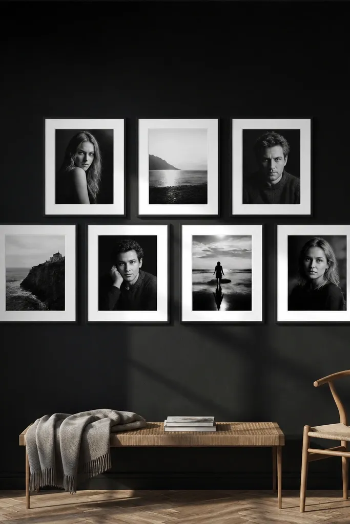 Black wallpaper with white-matted photos arranged with lots of empty space