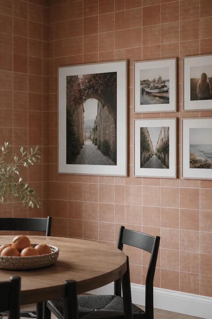 Terracotta tile wallpaper with five photos arranged in an L-shape