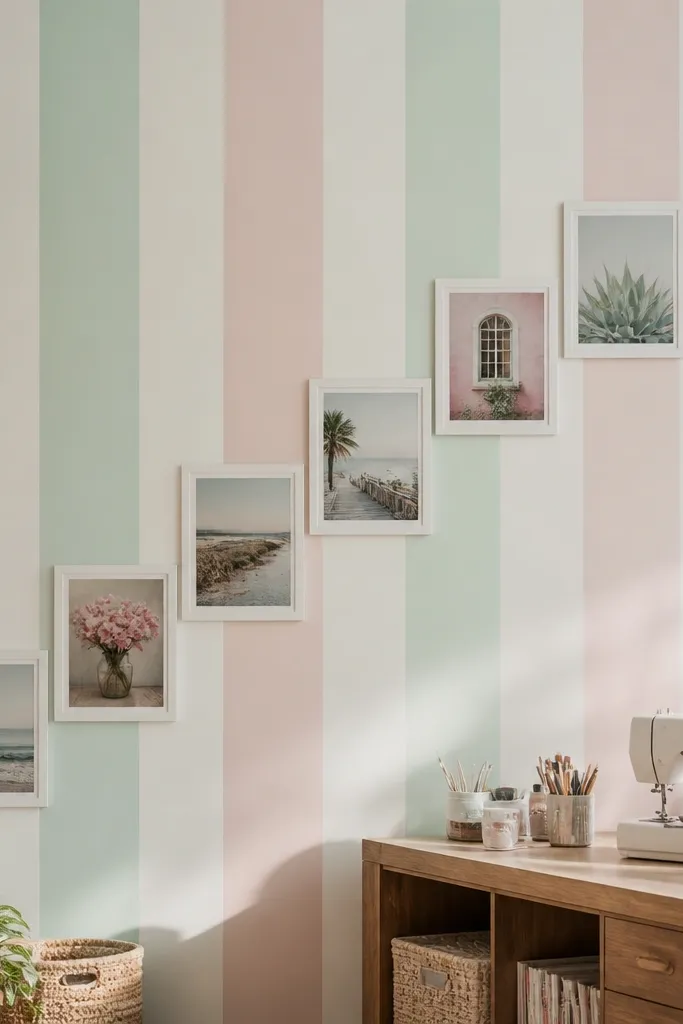 Pastel striped wallpaper with photos arranged as a diagonal ribbon