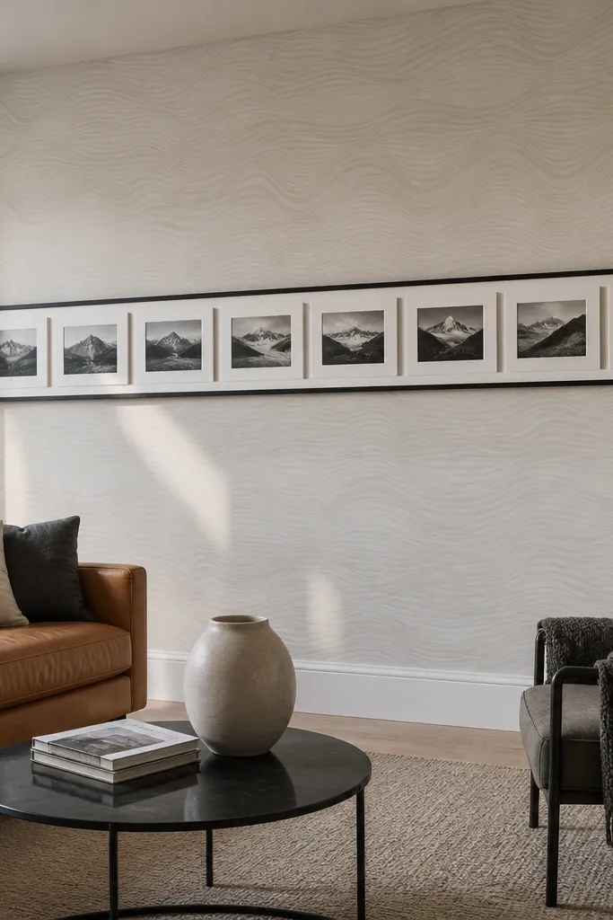Wave pattern wallpaper with a row of long horizontal frames