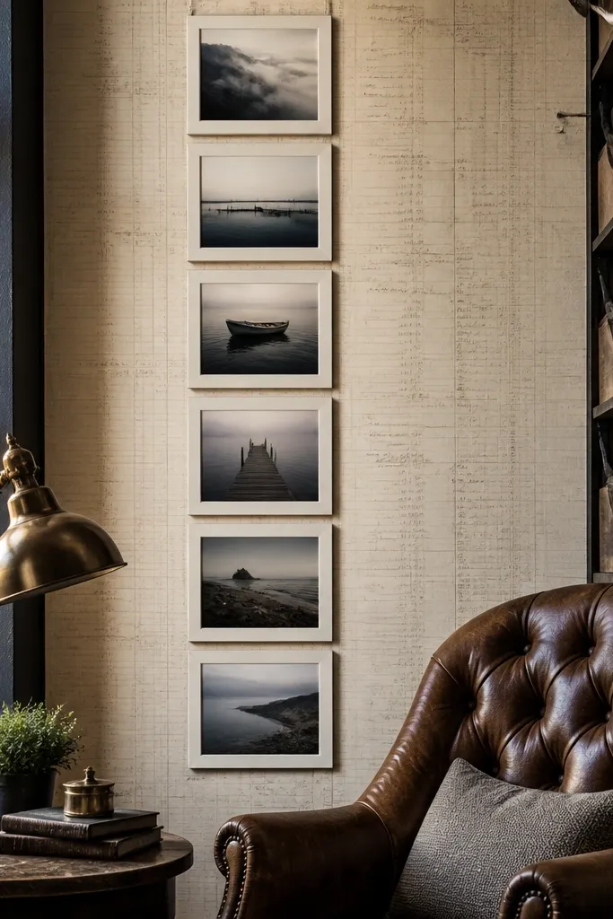 Antique ledger wallpaper with a tight stack of photos like lines of text