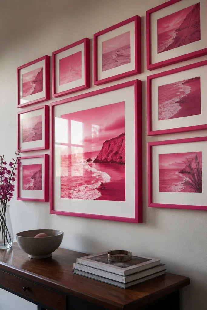 Large hot pink framed with smaller pink photos clustered around it