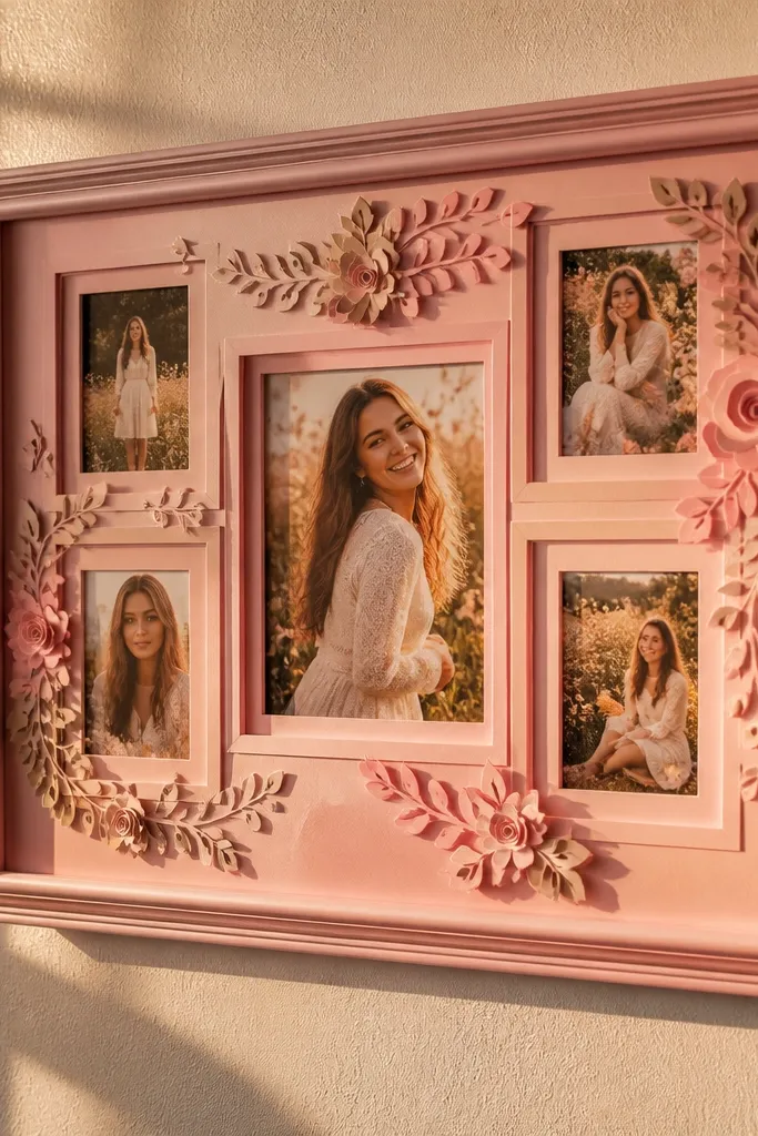Pink paper cutout collage with layered blush frames and soft edges
