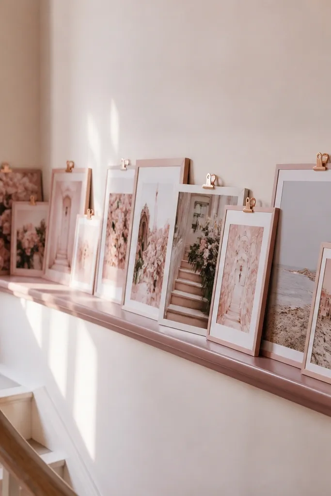 Pink collage on a wall ledge with small clips holding frames