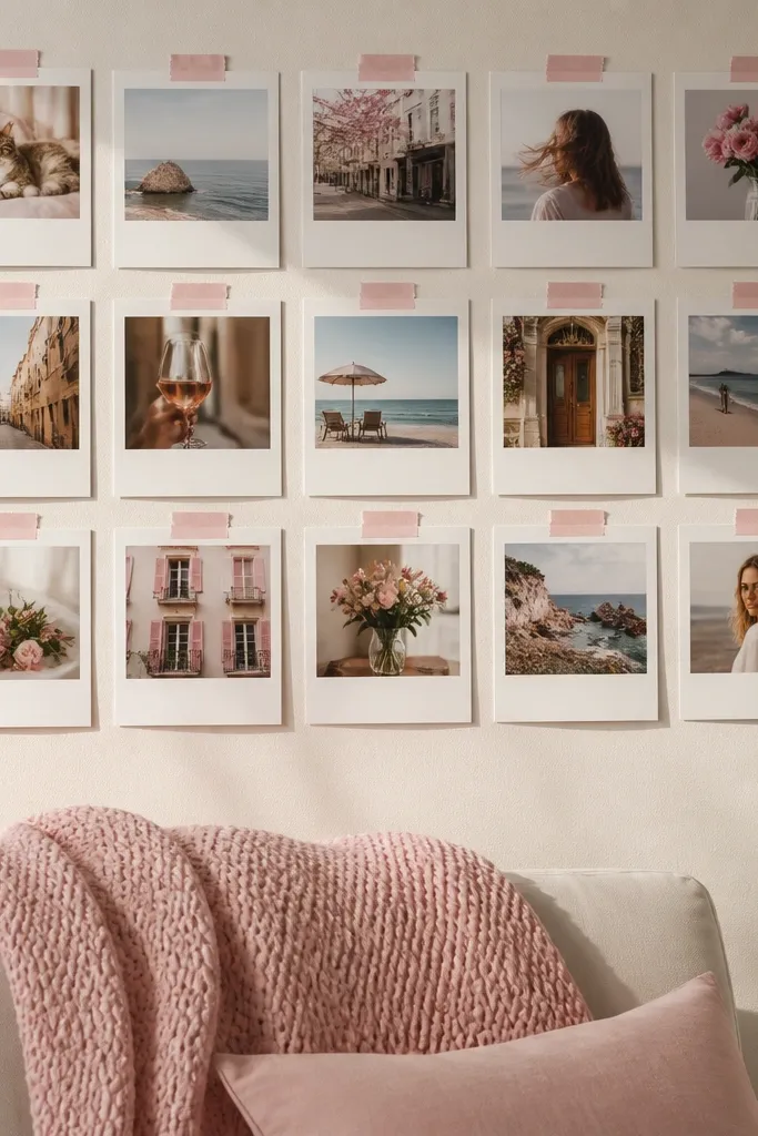 Pink-themed wall with polaroid-style prints and painter tape corners
