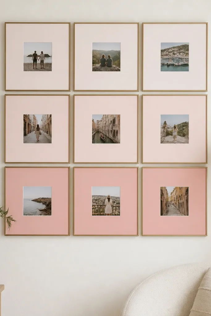 Photos layered with blush-to-cream ombre mats in a vertical collage