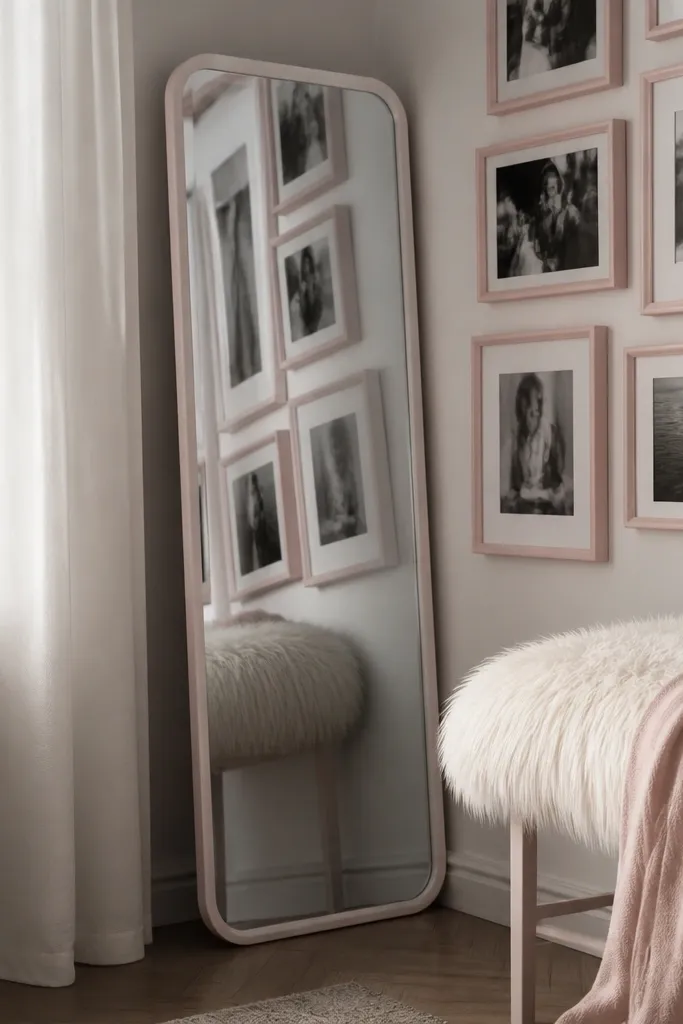 Pink collage arranged around a small mirror with blush frames