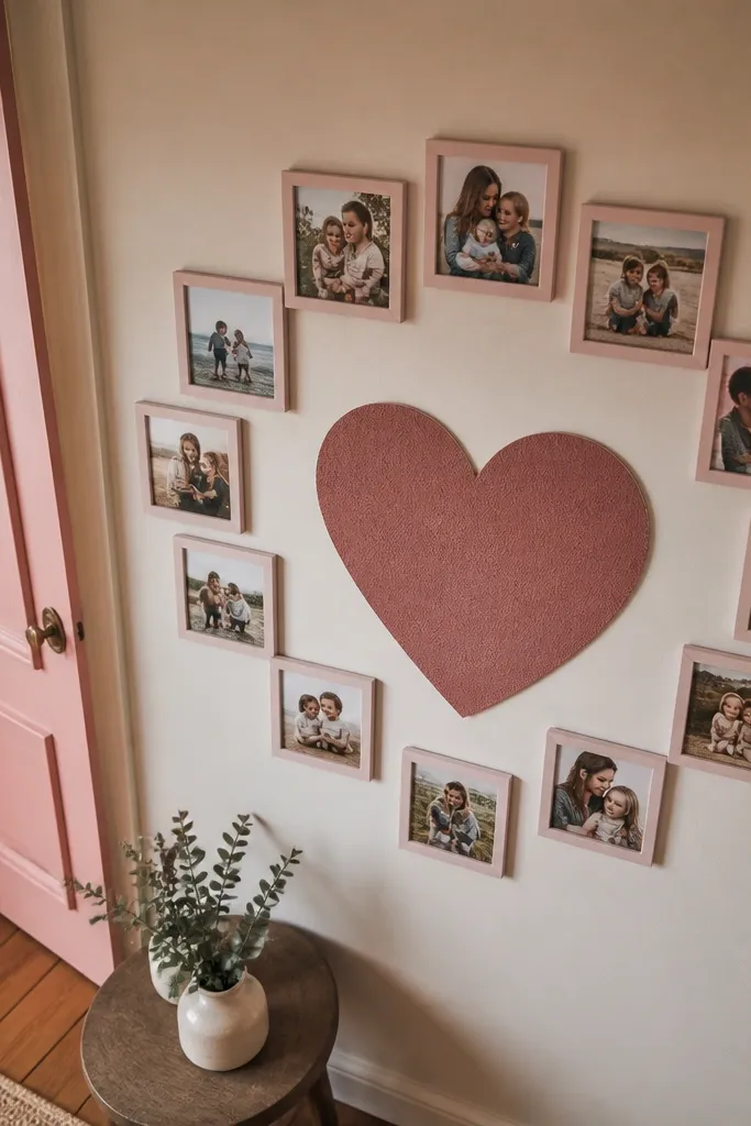Heart sign in the center with a circular wreath of pink framed photos