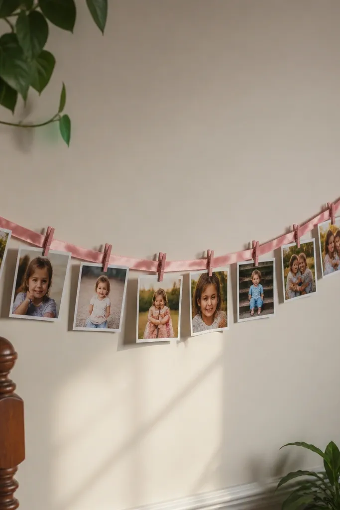 Pink ribbon strung across the wall holding small prints with clips