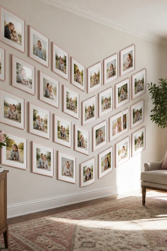 Photos arranged in a chevron pattern with blush accents and white borders