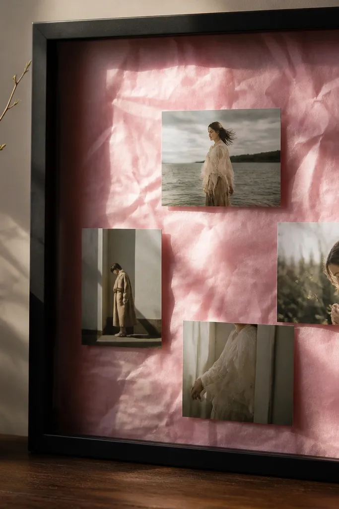 Photos layered over a pink tissue paper background within a large frame