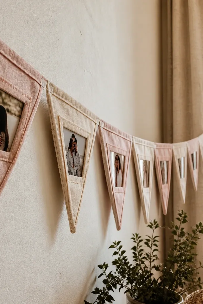 Small pink photos attached to a fabric pennant banner across a wall