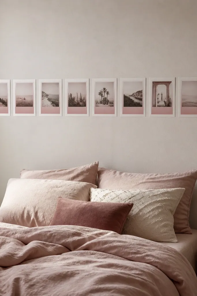 Long strip of polaroid-style photos with blush to rose ombre borders