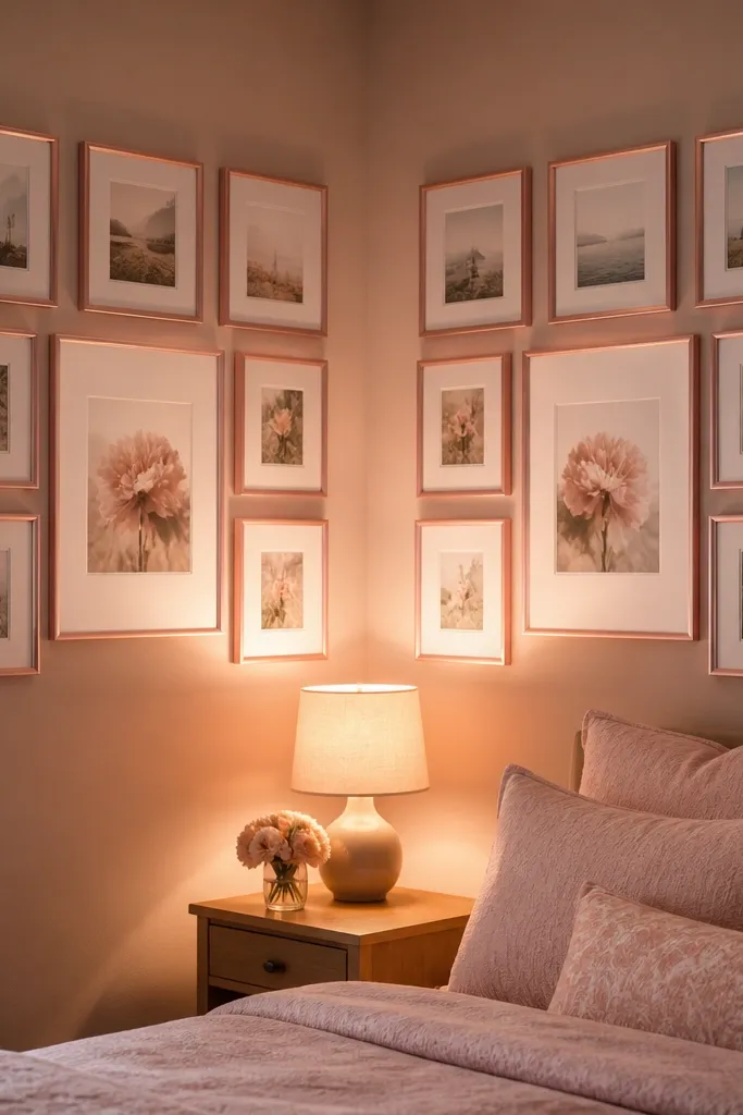 Two mirrored clusters of blush framed photos on a corner wall