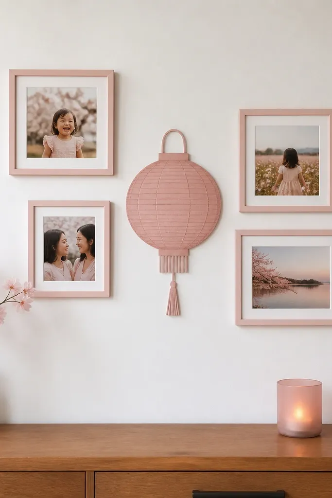 Minimal pink framed photos with one central lantern-shaped paper card