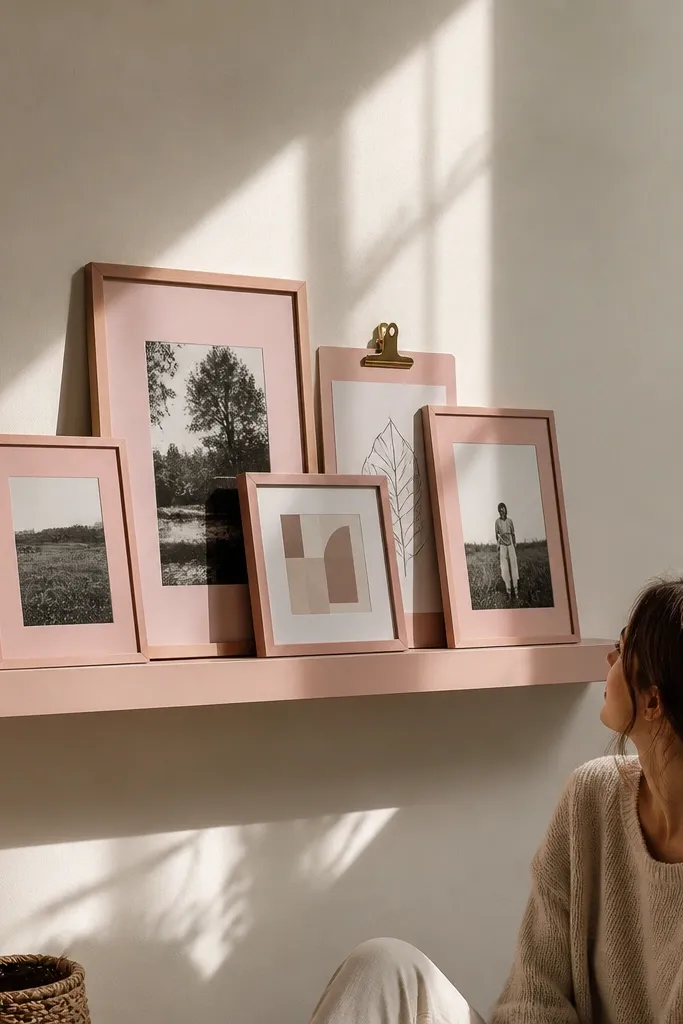 Pink frames arranged above a floating shelf base with small decor