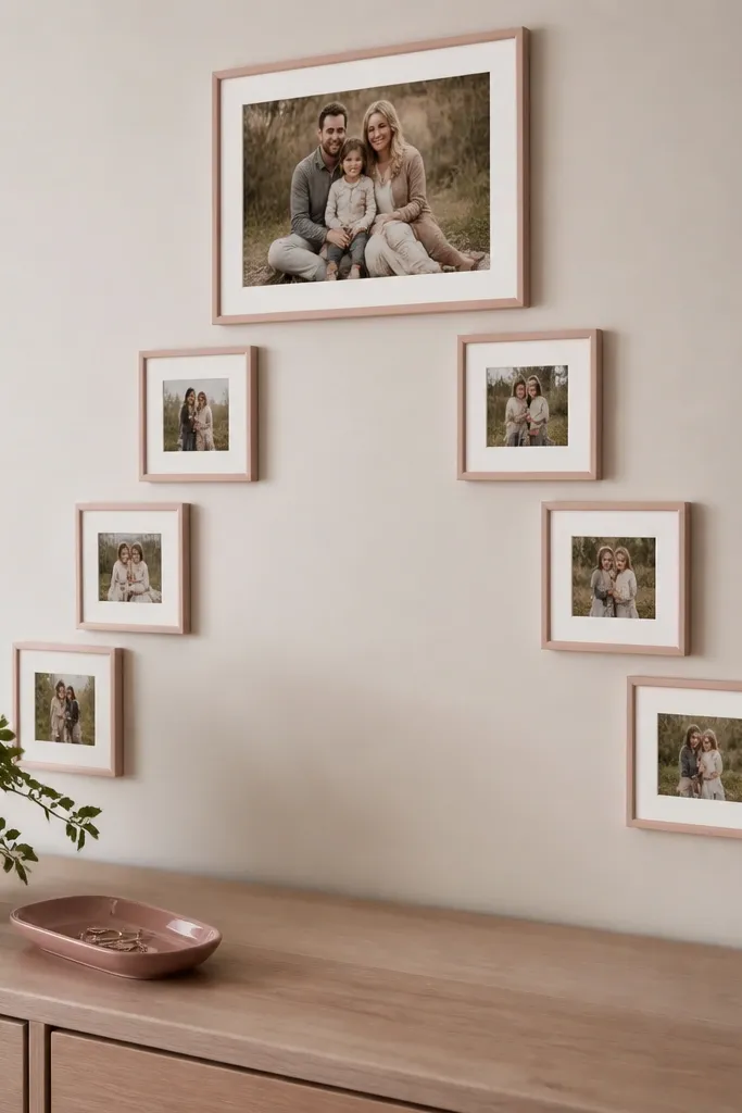 Triangle-shaped cluster of pink framed photos with a large top anchor