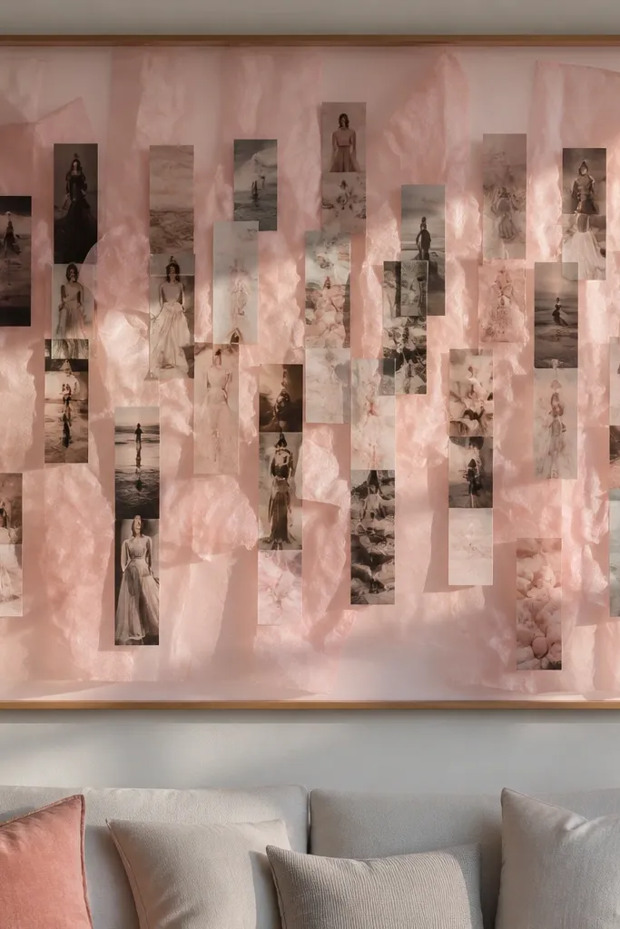 Photos on strips layered over blush tissue paper for a soft cloud-like collage