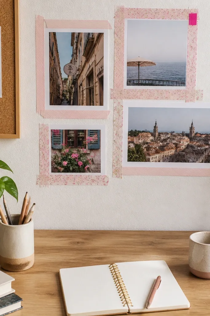 Printed pink photos bordered with washi tape strips on a wall collage