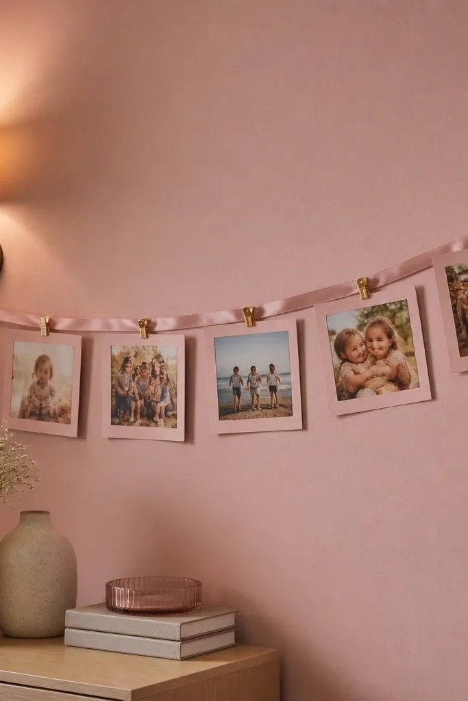 Photos clipped along one long ribbon line in blush and white tones