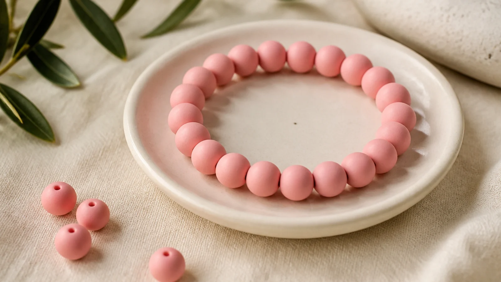 A clay bead bracelet in one solid soft blush pink with a clean even finish.