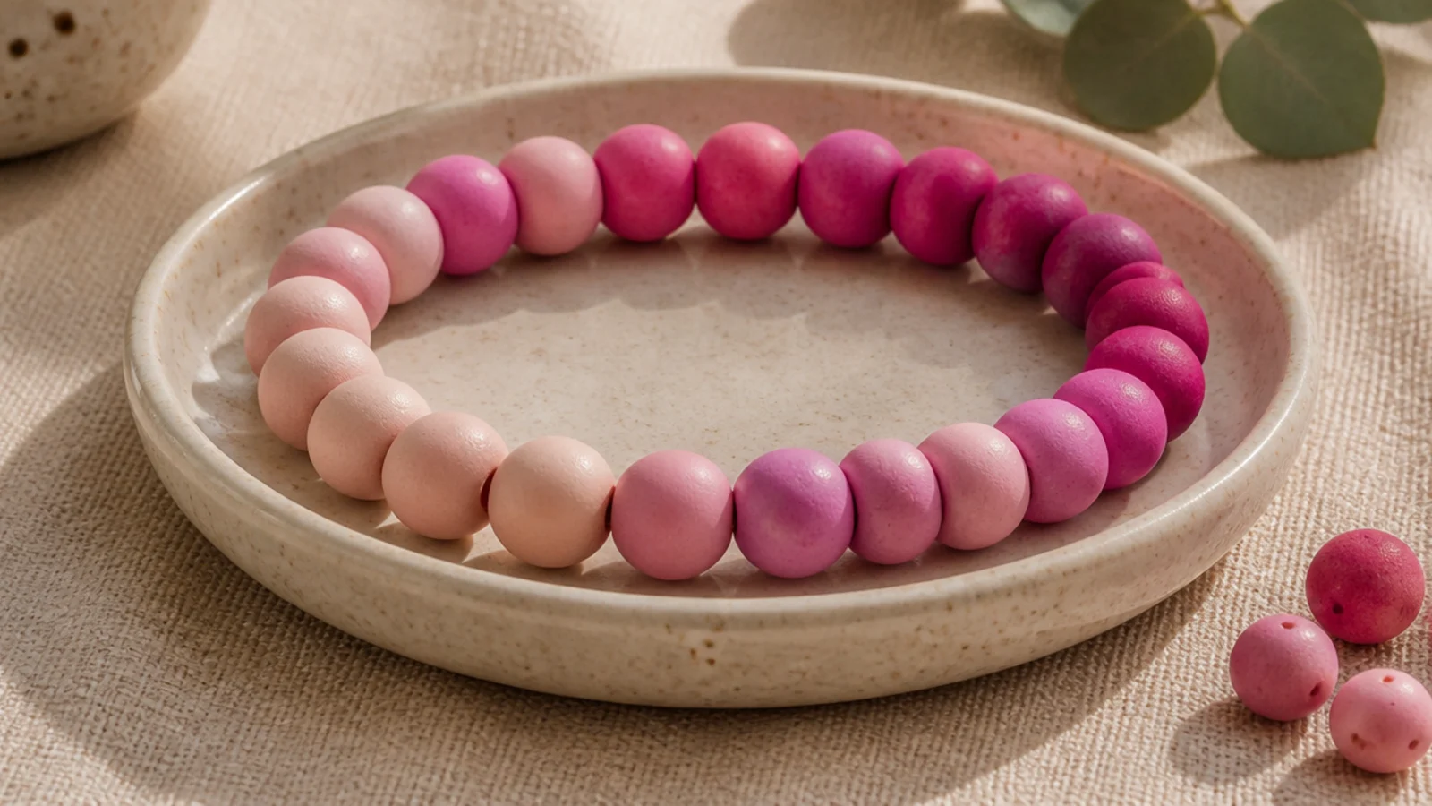 A clay bead bracelet fading from pale blush through bubblegum to deep magenta and back.