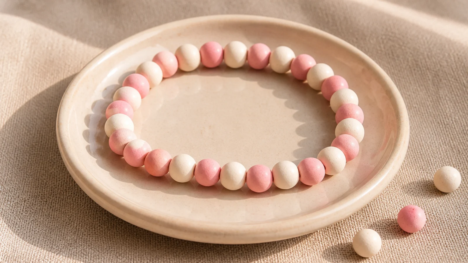 A clay bead bracelet alternating single pink and white beads all the way around.