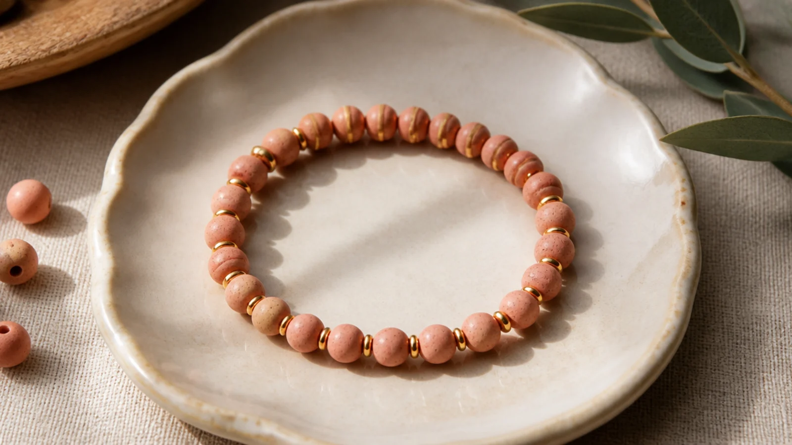A pink clay bead bracelet with tiny gold rondelle spacers placed evenly throughout.