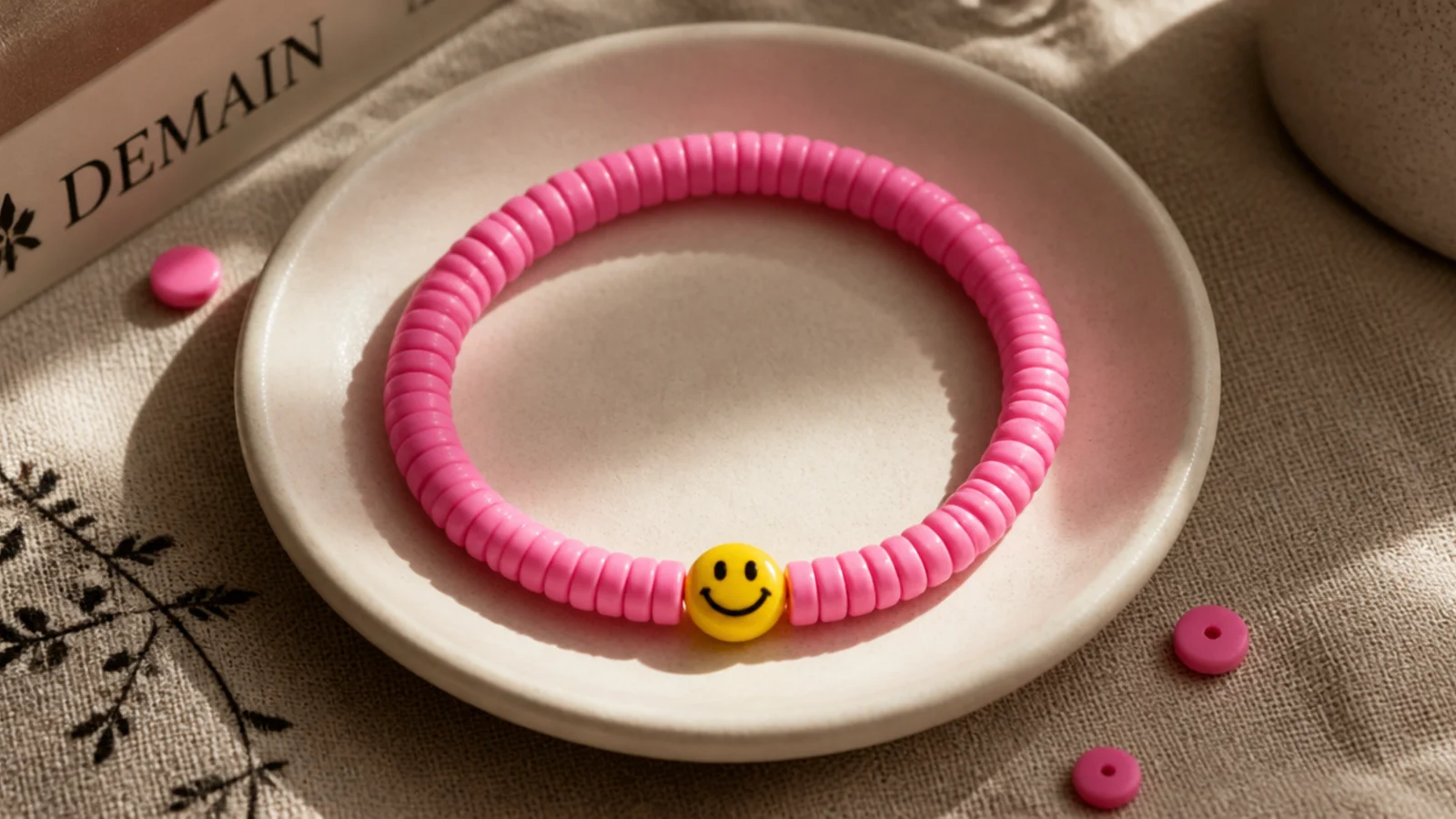 A bright bubblegum pink clay bead bracelet with a single yellow smiley-face bead centered.