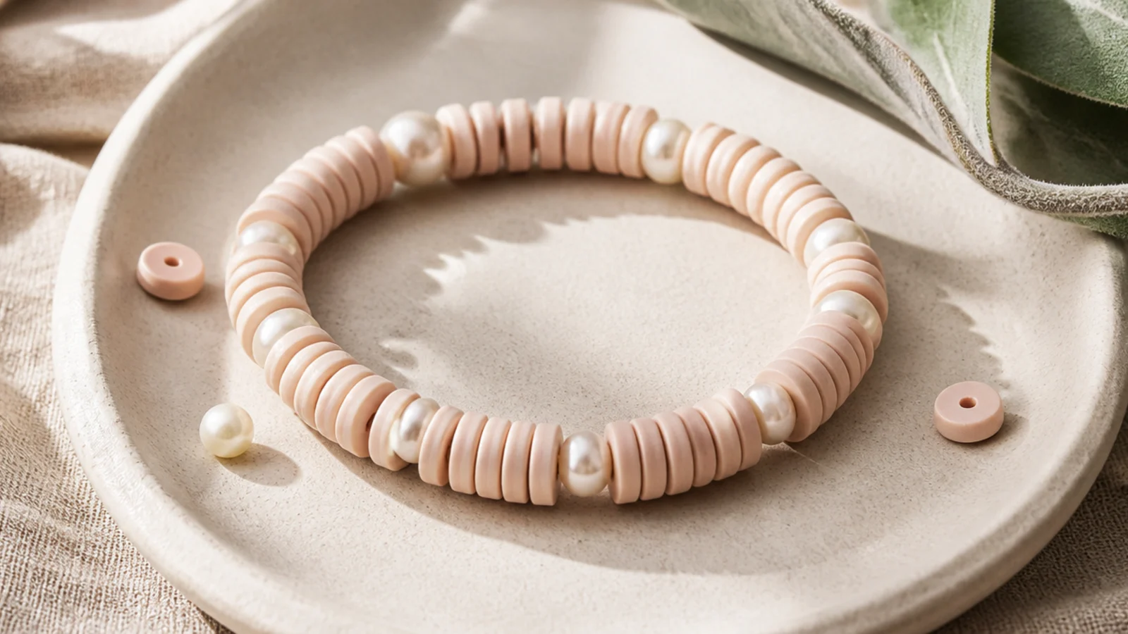 A soft pink clay bead bracelet with small round white pearls spaced evenly among the discs.