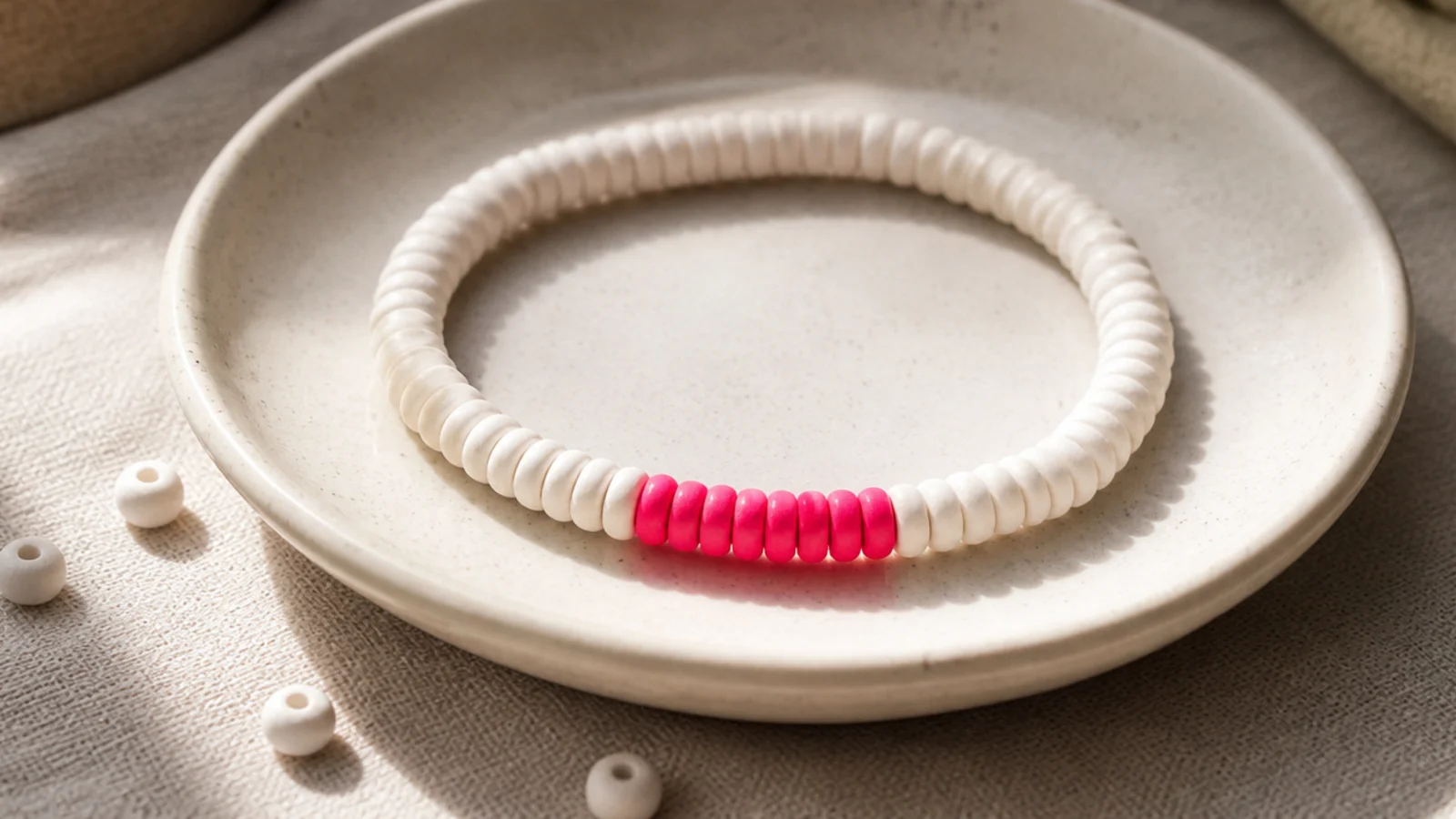 A white clay bead bracelet with a bold hot pink color block centered on the front.